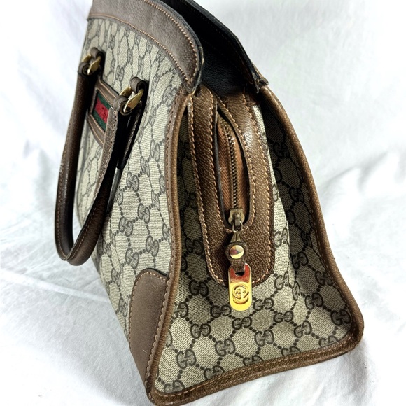 80's GUCCI Canvas Brown Leather GG Web Ophidia Boston Doctor Bag Made in Italy - Picture 4 of 17